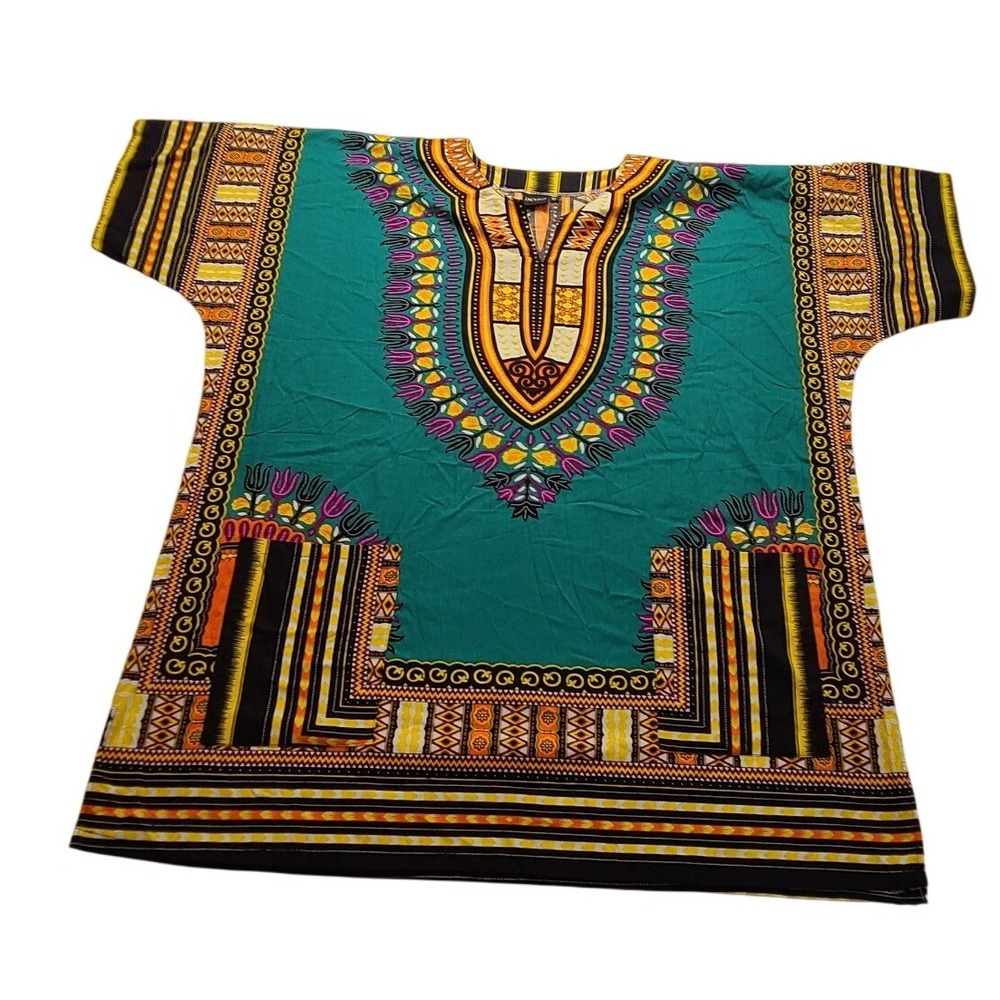 Jackpot Dashiki Shirt Teal Green African Print V-Neck Tunic Summer Men's XL NWOT
